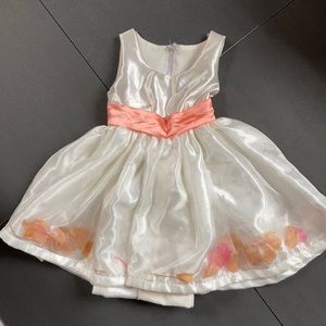 Handmade Girls Party Dress White Satin Orange Ribbon Sash Encased Flower Petals